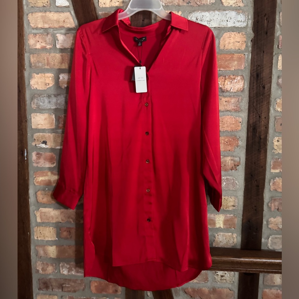 Bright Red Button-Down Tunic Shirt Dress